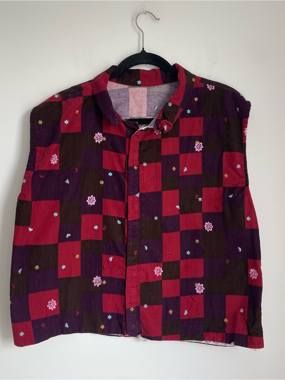 Vintage Checkered Hand Embroidered Floral Red Brown Corduroy Vest Grandma Fall